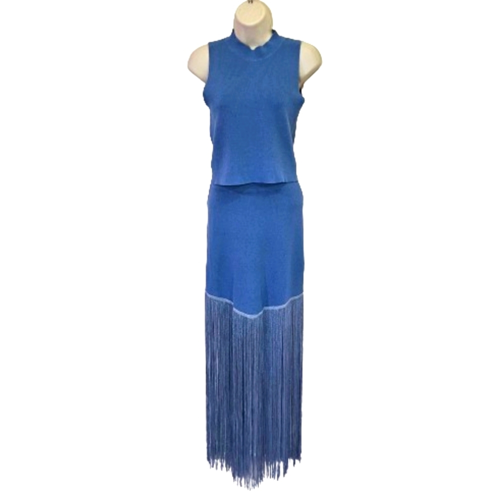 Cloud Ten Blue Sleeveless Knit High Neck Festival Dress with Fringe,Medium, NWT